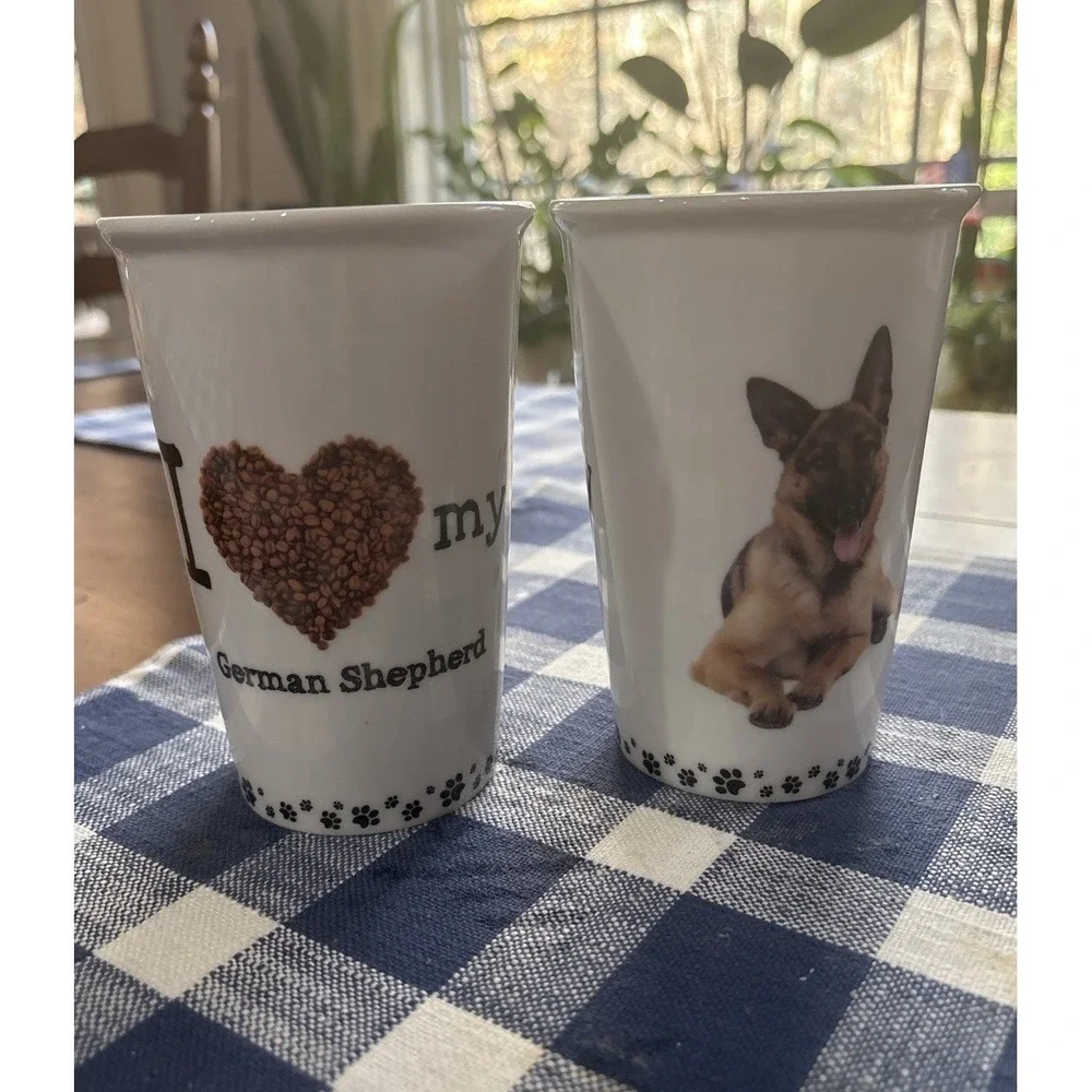 German Shepherd Dog Lover Ceramic 12 Oz Cups Set-  I Love My GSD Paw Print